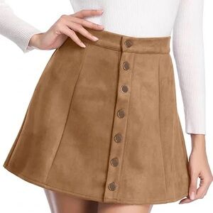 Fuinloth Women's Faux Suede Skirt Button Closure A-Line High Waist Mini